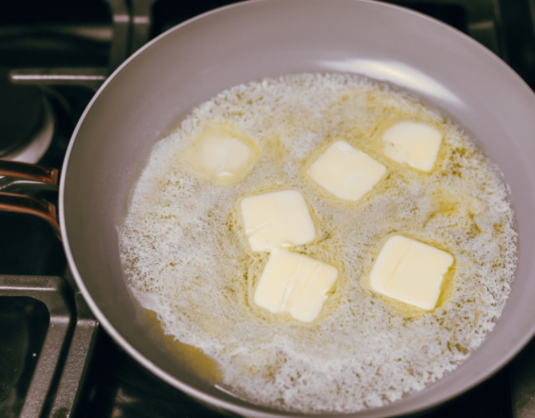 6 tablespoons of butter melts in a non stick pan