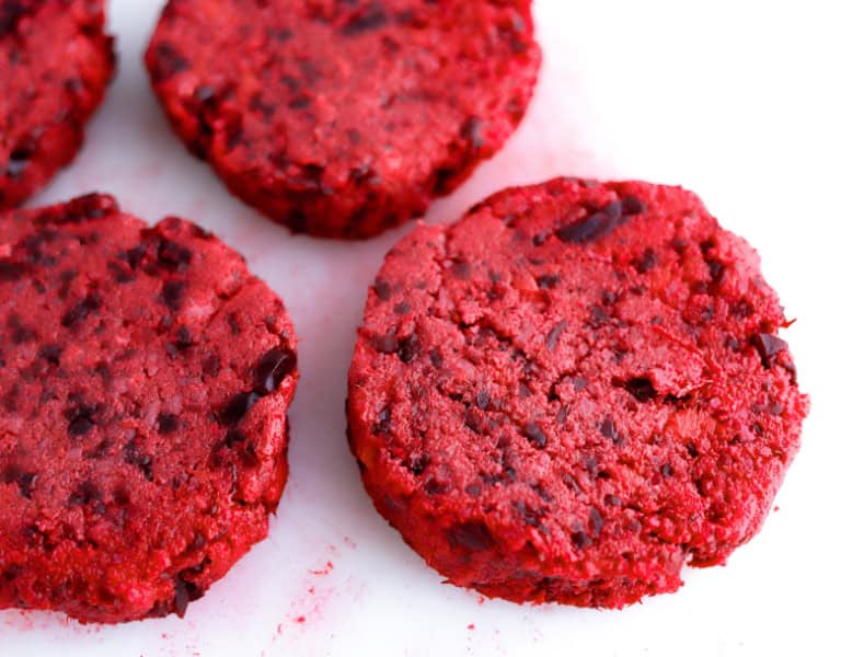 up close image of a formed beet burger patty before cooking it