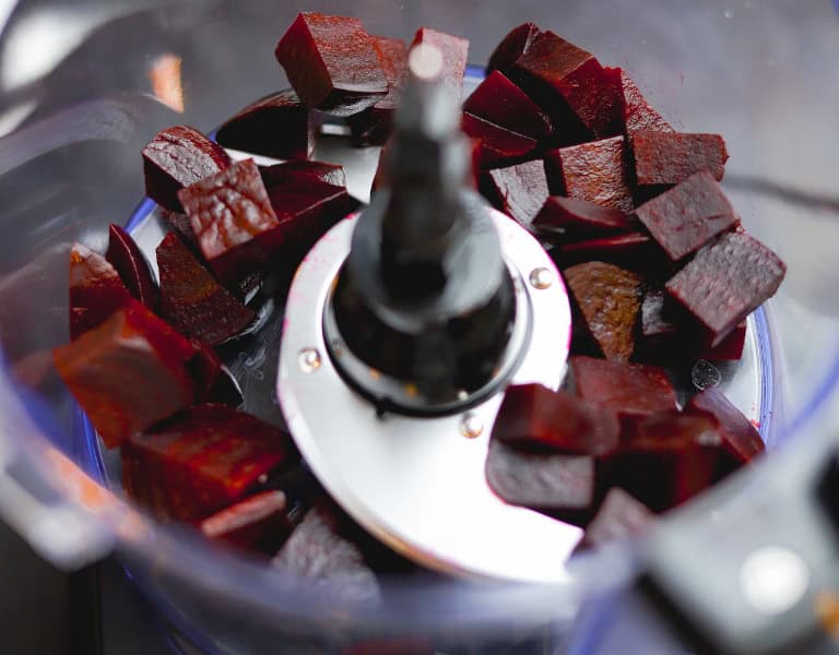 diced beets are added to a food processor